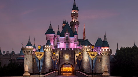 Sleeping Beauty Castle illuminated at night at Disneyland Park