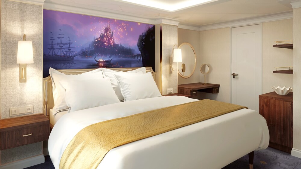 An artist rendering of a Disney Wish Concierge One Bedroom Suite with Verandah featuring a bed, mirror, table, artwork inspired by Tangled, shelves and 2 nightstands