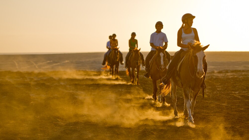 Four young people in line on horseback ride across a dusty, flat plain