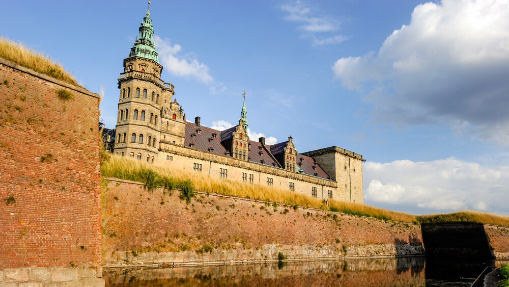 A castle with spires and raised ceilings sits above grass and a brick wall lining a moat
