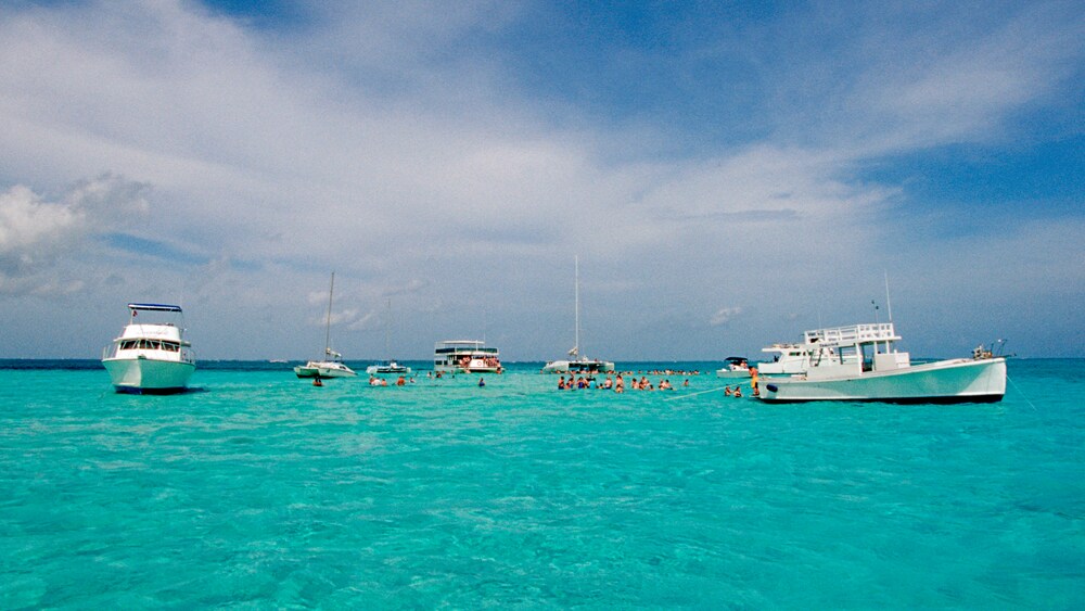People gathered in waist deep ocean water surrounded by small boats and catamarans