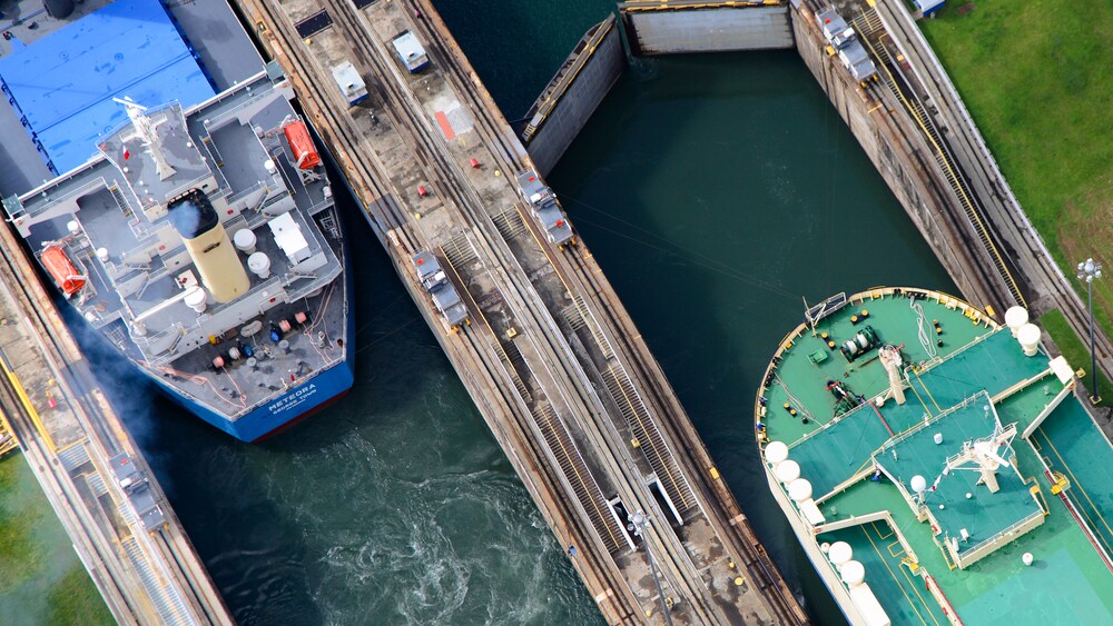 An aerial view of the Panama Canal locks