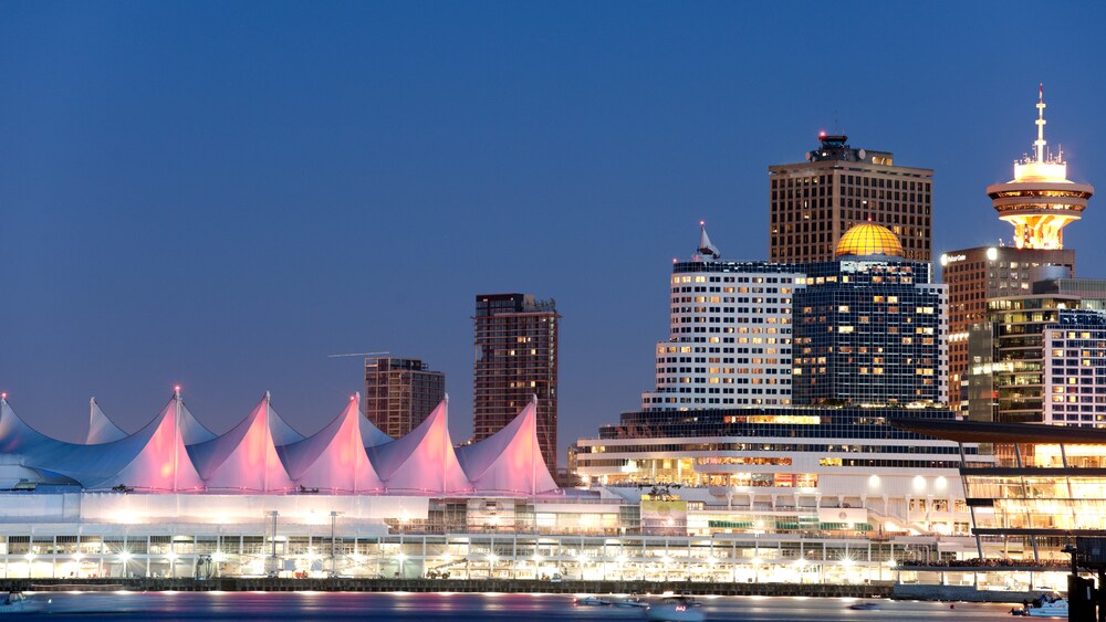Vancouver Canada's convention center along the waterfront at night