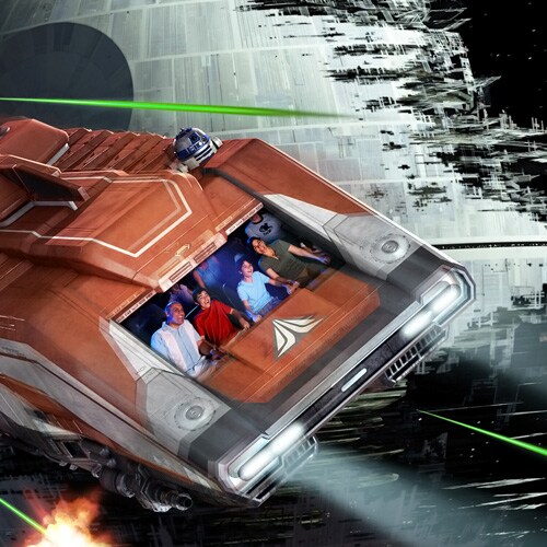 A Starspeeder 1000 races ahead of 3 Imperial starfighters shooting laser blasts at it