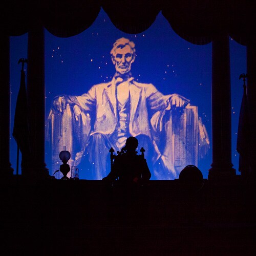 A still from the film that starts the Disneyland Story presenting Great Moments with Mr. Lincoln