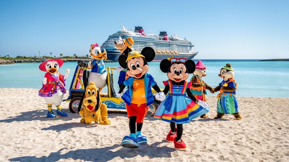 Daisy Duck, Donald Duck, Pluto, Mickey Mouse, Minnie Mouse and Chip and Dale in summer outfits posing next to a beach buggy in Disney Castaway Cay