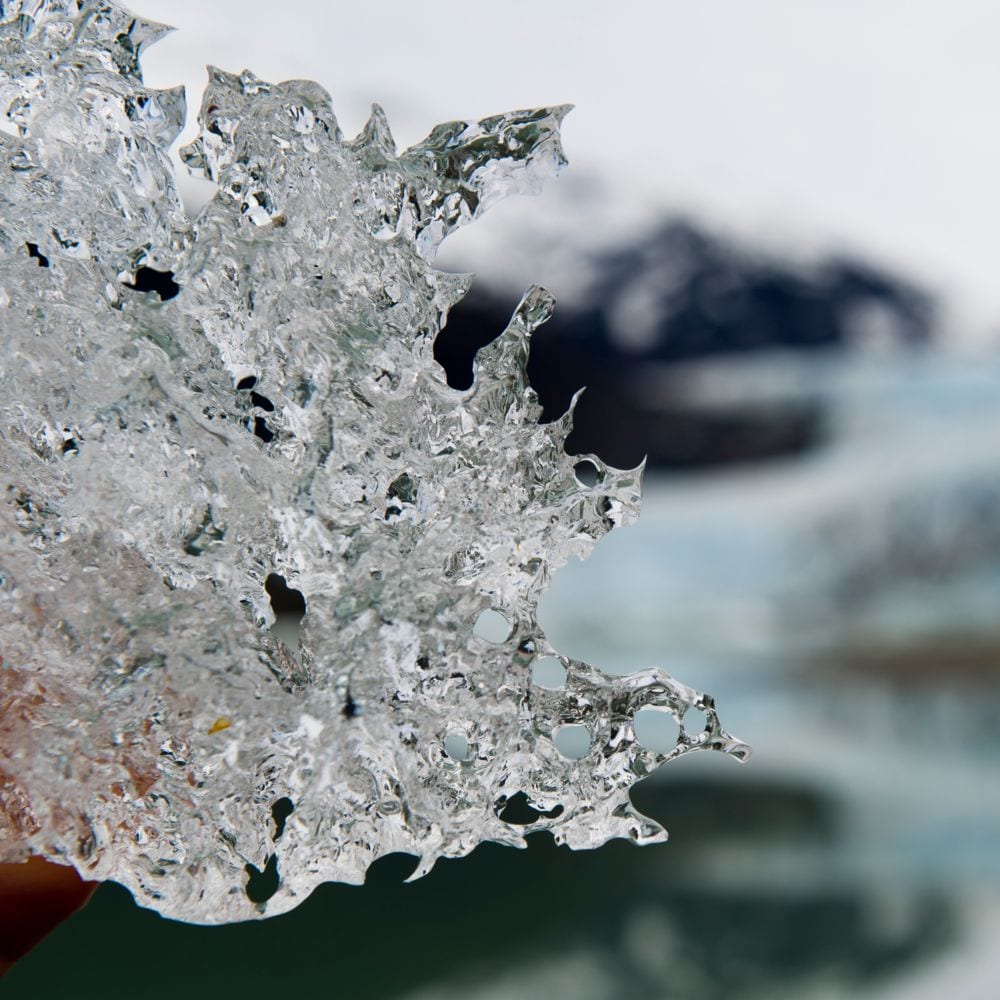 A fragment of ice held up against a cold Alaskan landscape