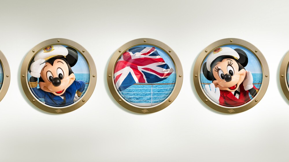 Three port holes featuring Captain Mickey Mouse, the flag of the United Kingdom Captain Minnie Mouse