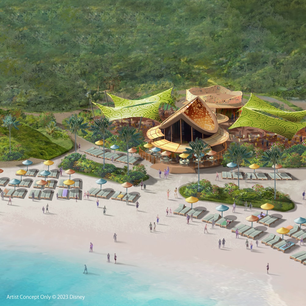 A sandy beach lined with lounge chairs, tropical foliage, and island inspired cabanas and pavilions