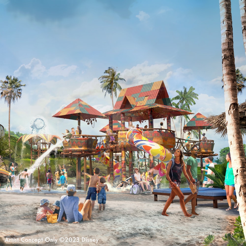 A children's water play area with raised platforms designed in a tropical bungalow motif