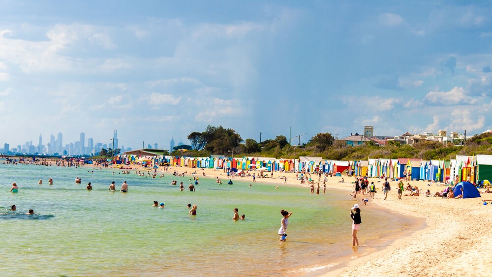 People enjoying a beach near a metropolitan city