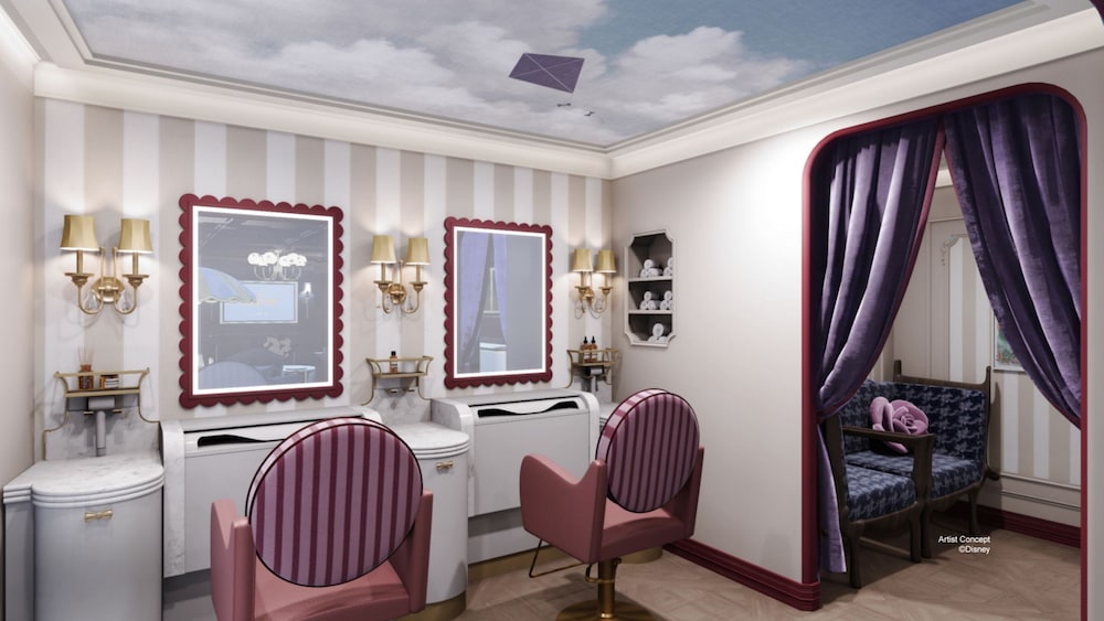 La Suite Spa Prácticamente Perfecta con temática de “Mary Poppins”, dos cómodas con espejos y sillas de peluquería