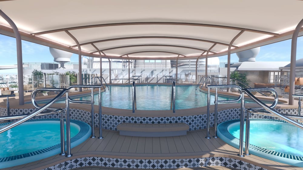 Una piscina con sombra cerca de dos hidromasajes en la terraza Concierge