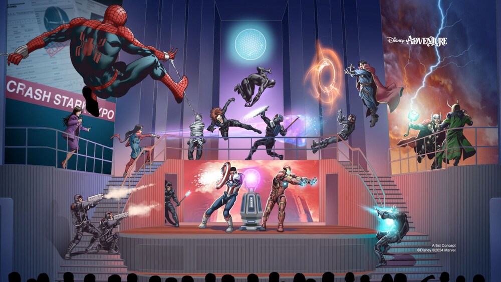 An artist rendering of the Avengers Assemble stage show on the Disney Adventure, featuring Marvel Super Heroes and Villains in combat