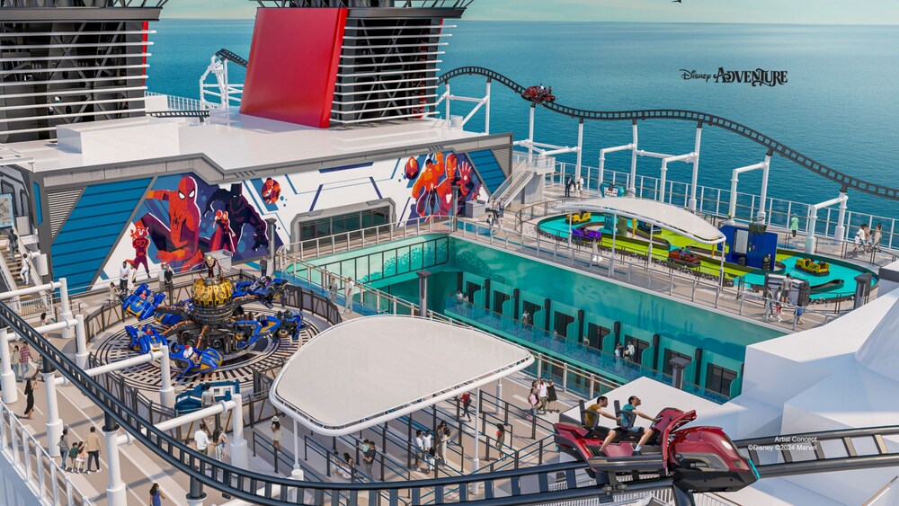 An artist rendering of the Marvel Landing adventure zone featuring several rides and a pool, all on the top deck of the Disney Adventure