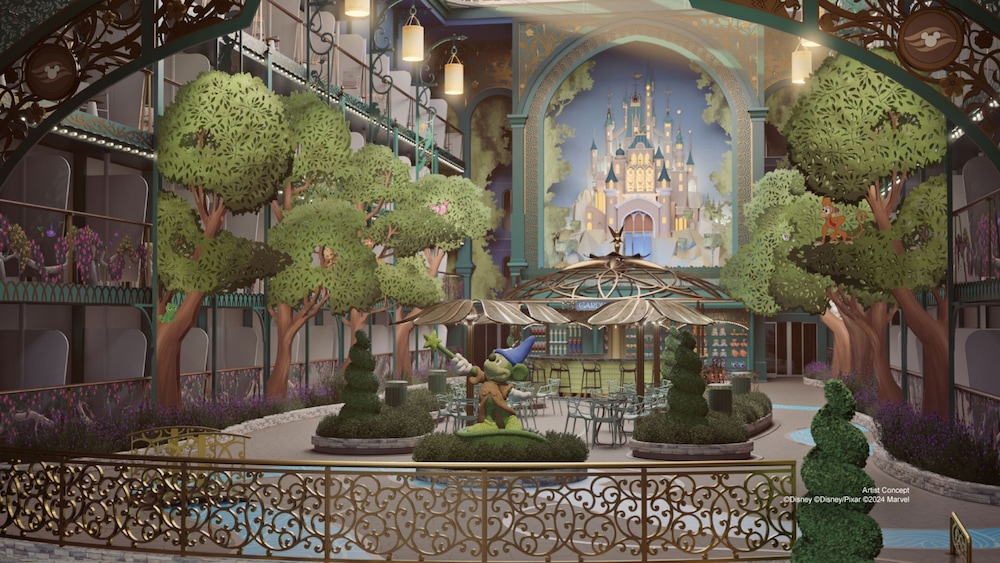 Artist rendering of the Disney Imagination Garden on the Disney Adventure, with Sorcerer Mickey in a patio area 