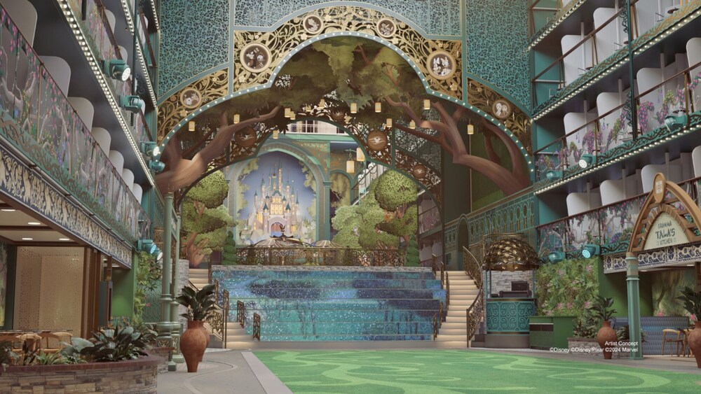 Artist rendering of Disney Imagination Garden on the Disney Adventure with a grand staircase and a waterfall with a Cinderella Castle backdrop 