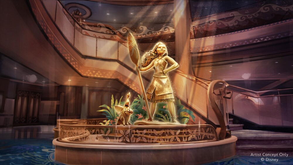 Artist rendering of a bronze statue of Moana holding her oar in the Grand Hall of the Disney Believe cruise ship