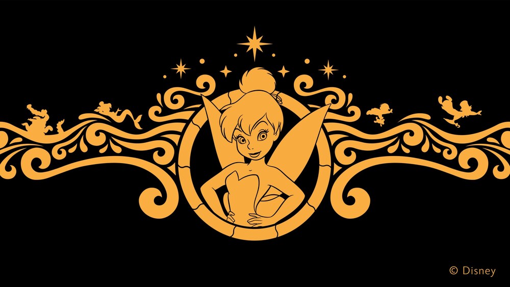 Artist rendering of decorative bow art on the Disney Believe featuring Tinker Bell surrounded by Peter Pan characters and golden scrollwork