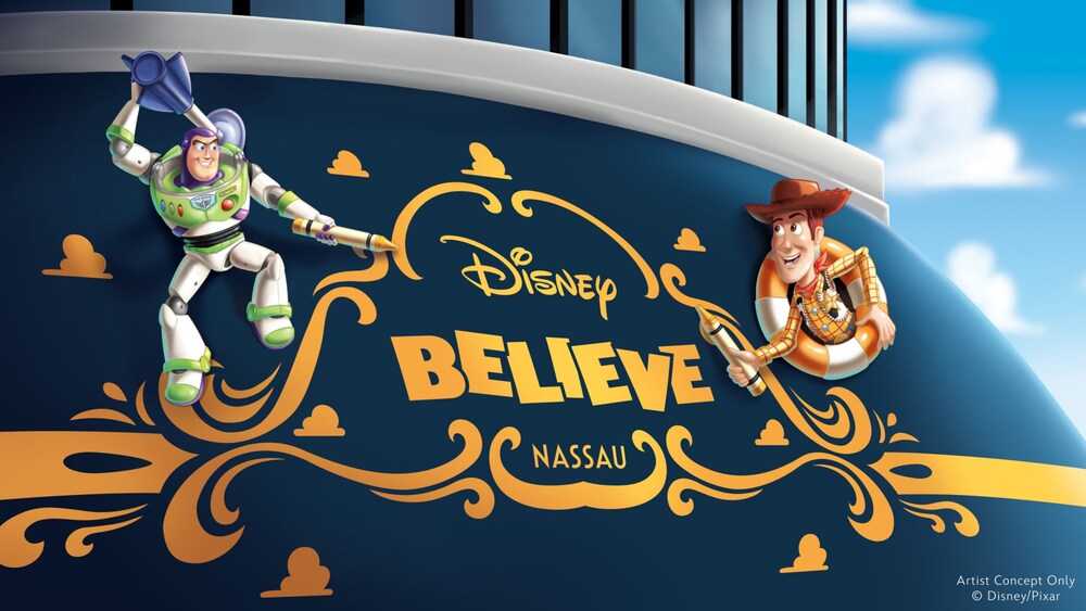 Artist rendering of stern art on the Disney Believe cruise ship featuring Buzz Lightyear and Woody flanking the ship's name