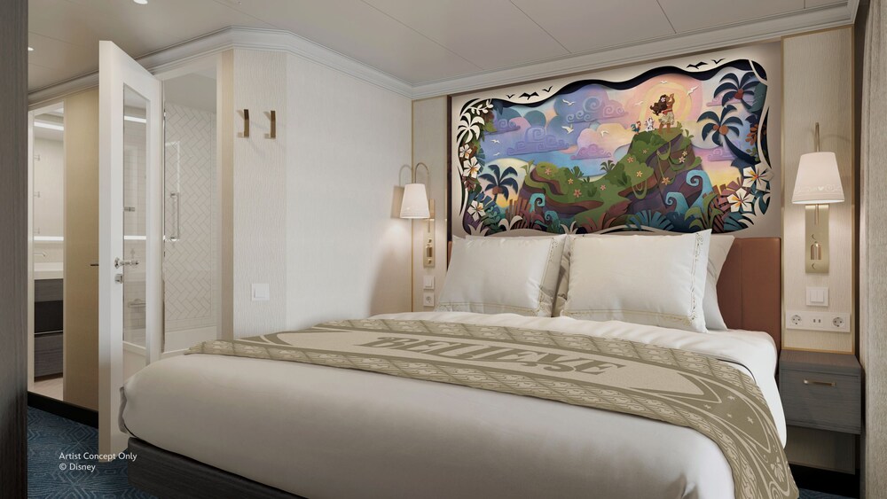 An Oceanview stateroom on the Disney Believe cruise ship, featuring a bed next to a bathroom with separate shower