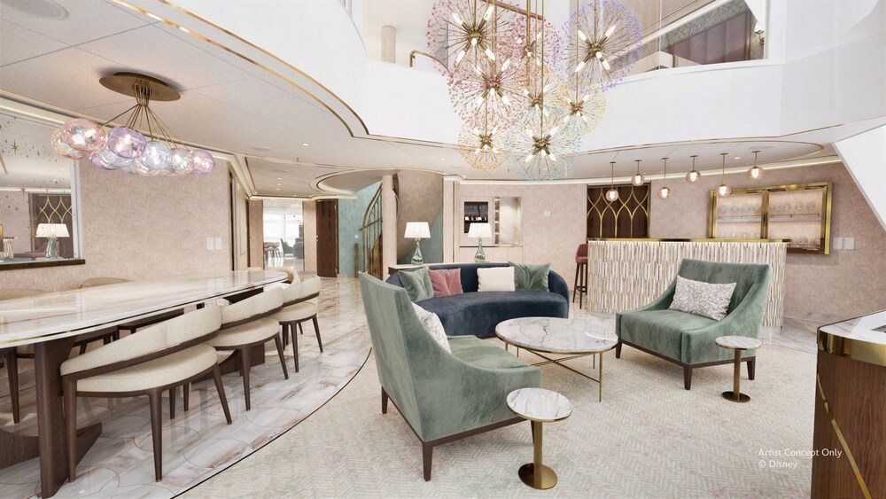 The formal living and dining space inside of The Tower Suite on the Disney Believe cruise ship