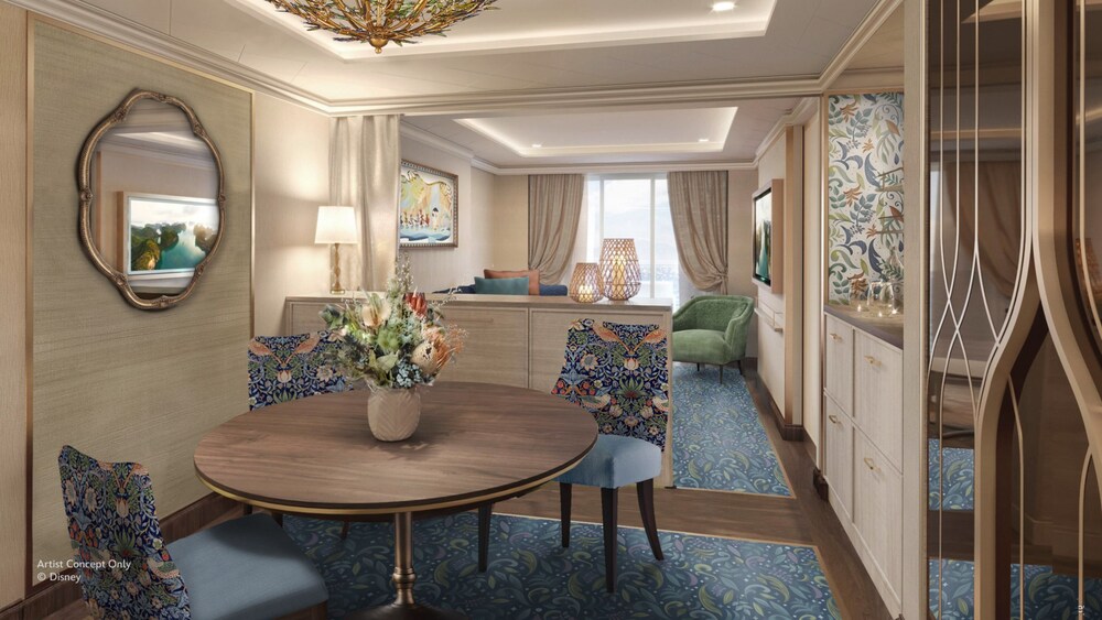 Artist conceptual rendering of a dining room and living room inside of a   Concierge 1 Bedroom Suite with Verandah on the Disney Believe    cruise ship  