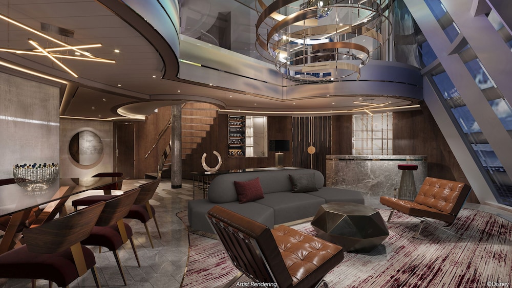 An artist rendering of the Disney Destiny Concierge Tower Suite Stateroom living area with a dining table, 2 chairs, a couch, a low table, a window with ocean view and stairs