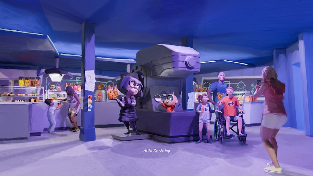 Artist rendering of a mom taking a photo of her husband and 2 children inside a sweet shop themed after Edna E Mode from The Incredibles movies
