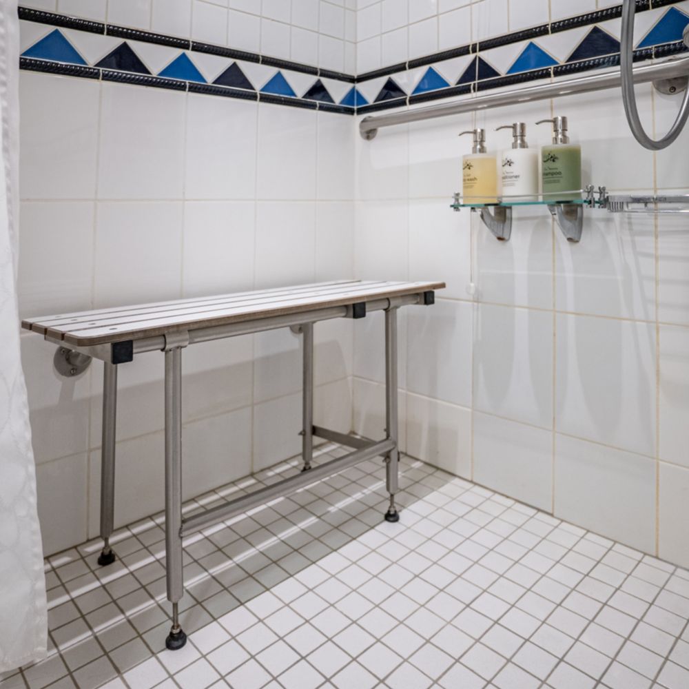 A wheelchair accessible shower with a bench in a bathroom in a Disney Magic Deluxe Oceanview Stateroom with Verandah