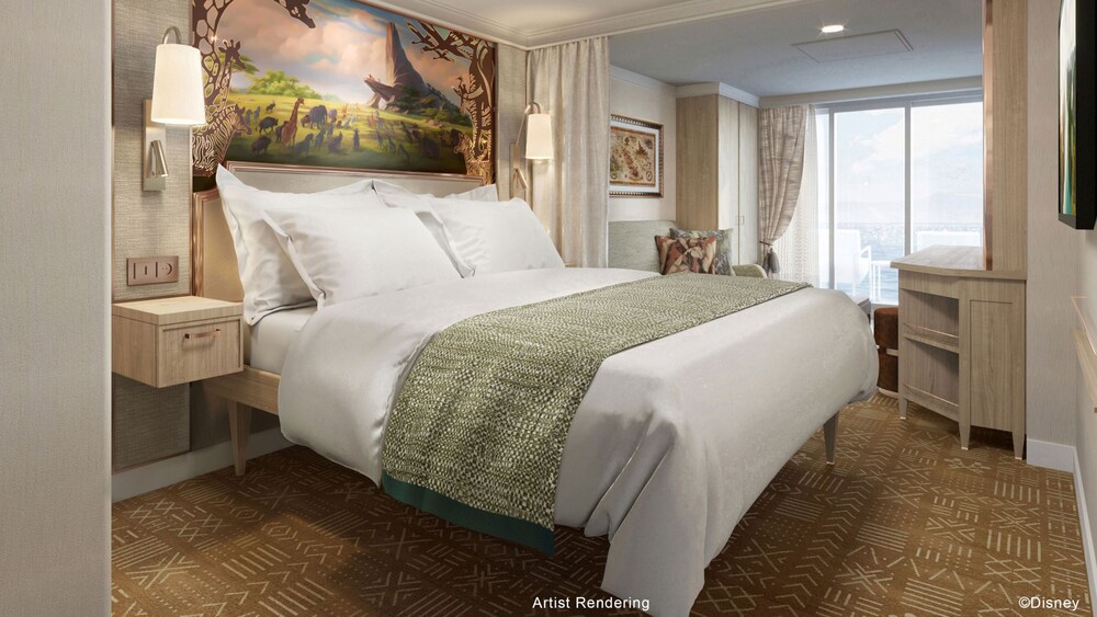 An artist rendering of a Disney Wish Concierge Family Oceanview with Verandah Stateroom featuring a bed, desk, sofa, artwork inspired by The Lion King, 2 nightstands and a verandah facing the ocean