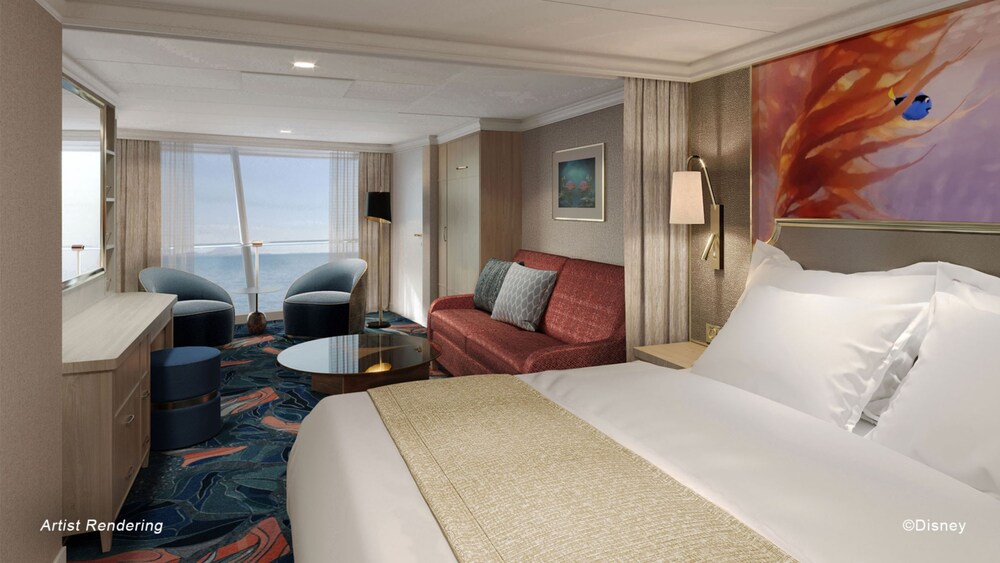 An artist rendering of a Disney Treasure Concierge Family Oceanview Stateroom with a vanity, 2 chairs, a window with an ocean view, a sofa, a low table and a bed