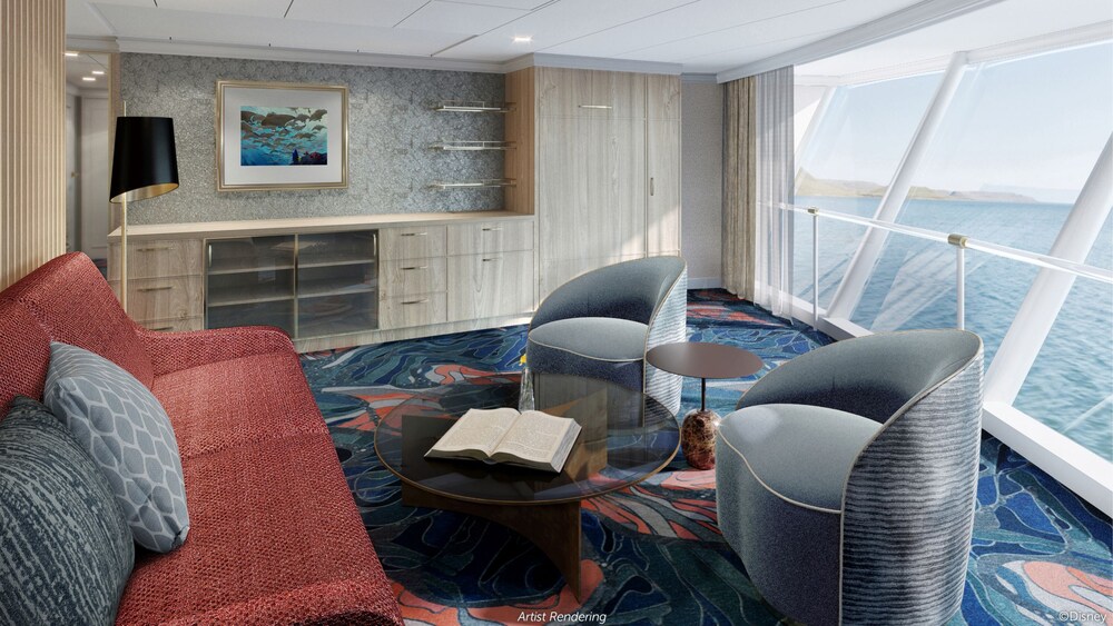 An artist rendering of a Disney Treasure Concierge Family Oceanview Stateroom with 2 chairs, a window with an ocean view, a TV, a sofa and a low table 