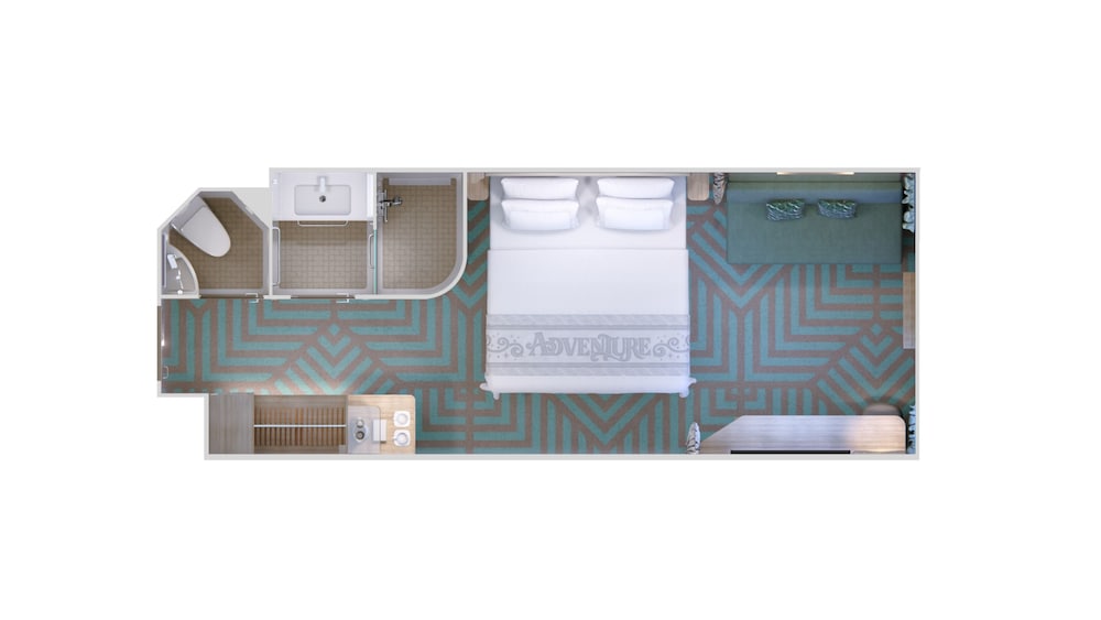 An artist rendering of a Deluxe Inside stateroom floor plan with a bathroom, closet, sofa and a bed