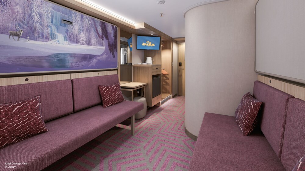 An artist rendering of an Inside stateroom on the Disney Adventure with a TV, mini fridge, closet, sofas and artwork inspired by Frozen