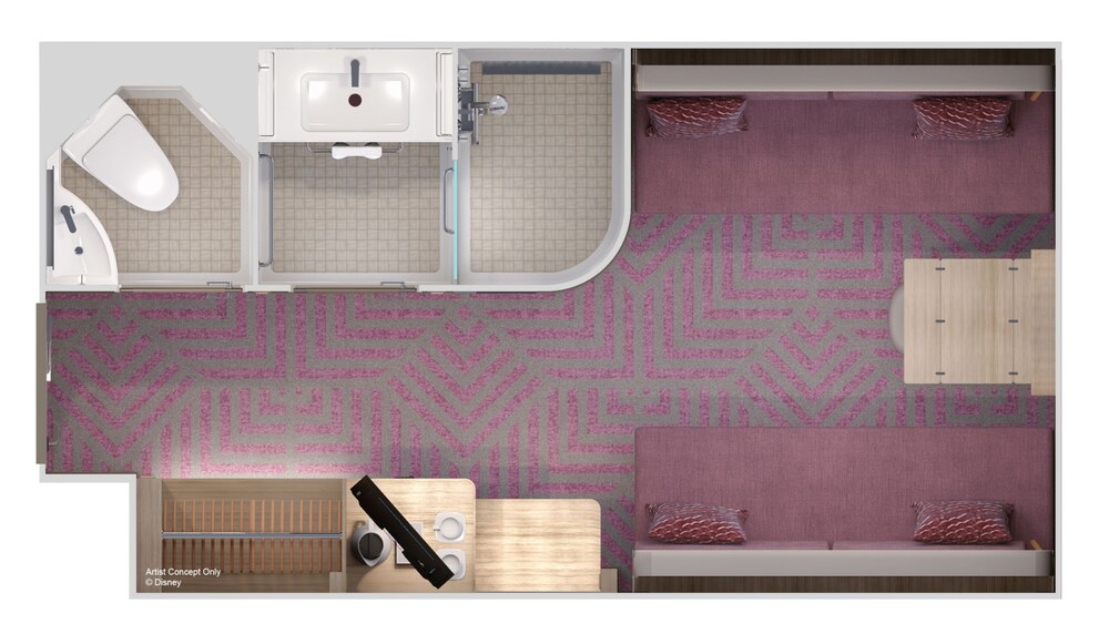 An artist rendering of an Inside stateroom floor plan on the Disney Adventure with a bathroom, closet, TV, sofa and fold down beds