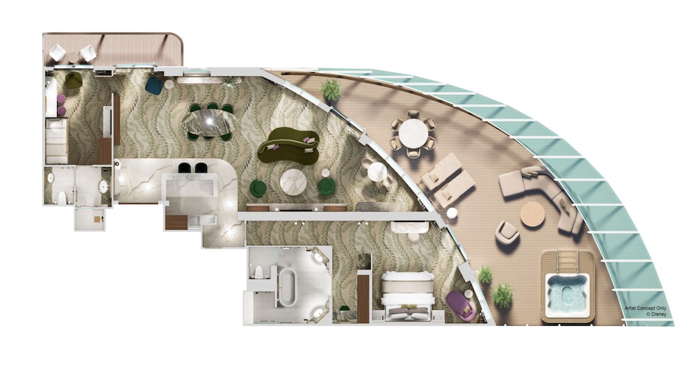 An artist rendering of a Concierge Royal Suite floor plan with a bedroom, children’s bedroom, living room, 2 bathrooms and a balcony with a sofa, chairs, 2 tables, 2 lounge chairs and a whirlpool