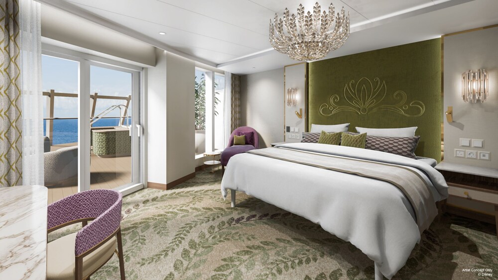 An artist rendering of a Disney Adventure Concierge Royal Suite bedroom with a bed, 2 nightstands, 2 chairs and a balcony facing the ocean