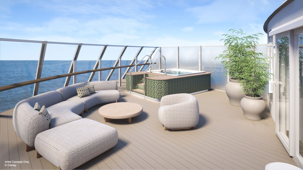 An artist rendering of a Disney Adventure Concierge Royal Suite balcony facing the ocean with a sofa, chair, table and whirlpool