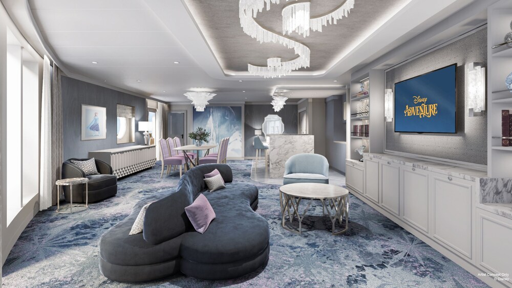 An artist rendering of a Disney Adventure Concierge Royal Suite living room with a sofa, TV, dining table, breakfast bar, chairs and artwork inspired by Elsa from Frozen