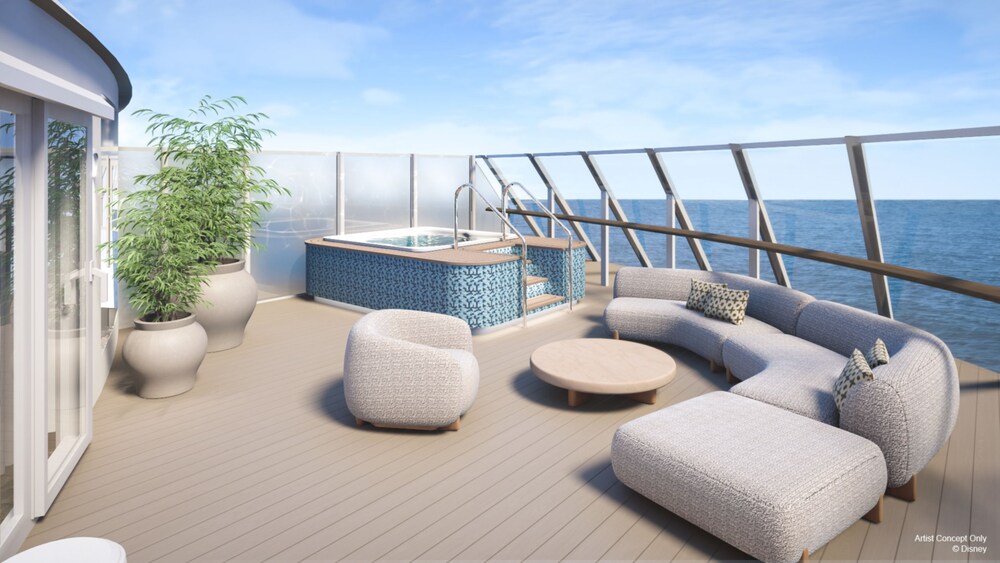 An artist rendering of a Disney Adventure Concierge Royal Suite balcony facing the ocean with a sofa, chair, table and whirlpool