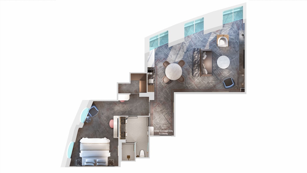 An artist rendering of a Concierge One Bedroom Oceanview Suite floor plan with a bedroom, bathroom, closet, dining area and living area