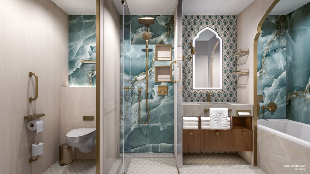 An artist rendering of a Disney Adventure Concierge One Bedroom Oceanview Suite bathroom with a toilet, walk in shower, bathtub, sink, mirror and towels