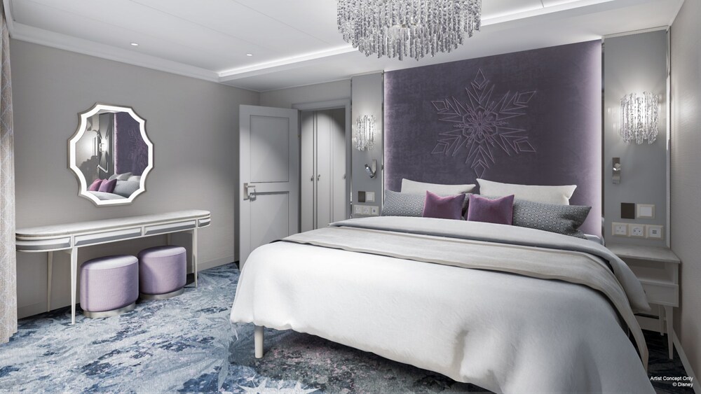 An artist rendering of a Disney Adventure Concierge Suite with Oceanview Verandah bedroom with a bed, chandelier, vanity, nightstands and artwork inspired by Frozen