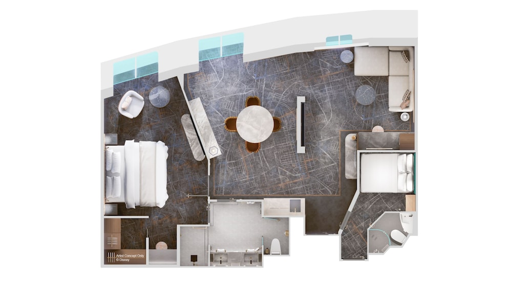 An artist rendering of a Concierge Oceanview Suite floor plan with a living area, dining area, 2 bedrooms and 2 bathrooms