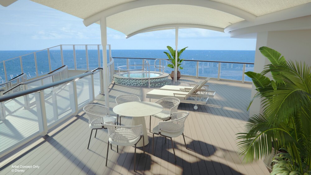 An artist rendering of a Disney Adventure Concierge Family Oceanview with Verandah Stateroom balcony with a whirlpool, 2 lounge chairs, a table and 5 chairs
