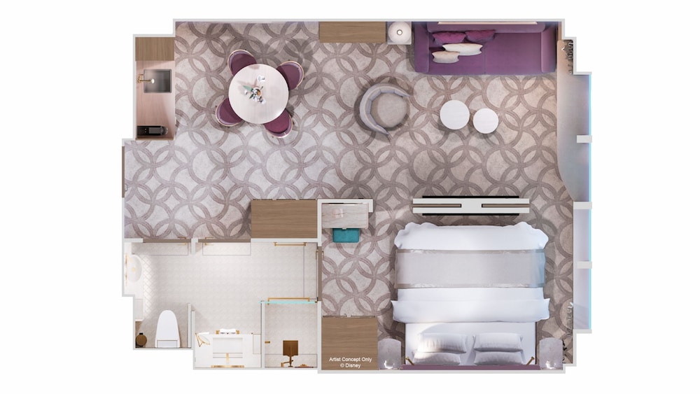 An artist rendering of a Concierge Family Oceanview Suite floor plan with a living room, dining area, bathroom and bedroom