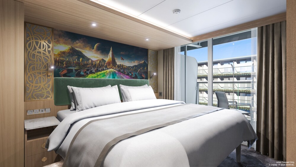 An artist rendering of a Disney Adventure Concierge Family Garden View with Verandah Stateroom bedroom with a bed, artwork inspired by Thor and a verandah facing the garden