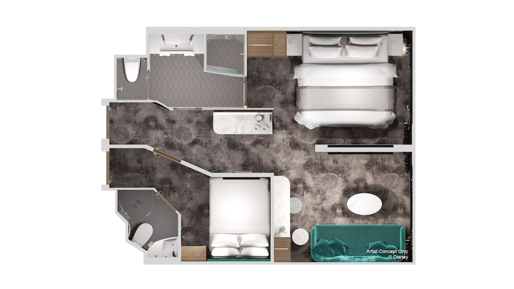 An artist rendering of a Concierge Inside Family Stateroom floor plan with 2 bathrooms, 2 bedrooms and a living area