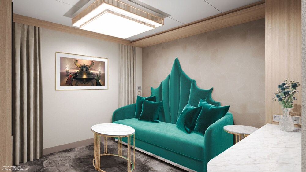 An artist rendering of a Disney Adventure Concierge Inside Family Stateroom living room with a sofa, tables, desk and artwork inspired by Thor